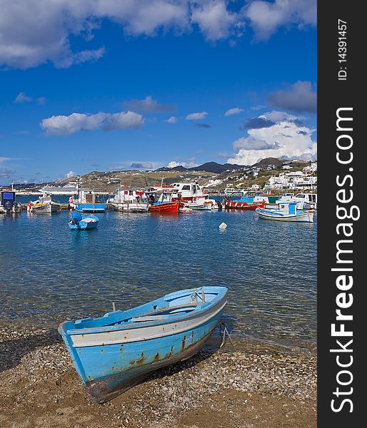 Fishing boats in the Bay of Chora Mykonos waiting out in the sea