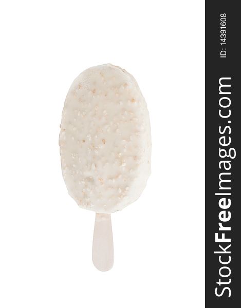 Ice-cream in white glaze on a stick on a white background