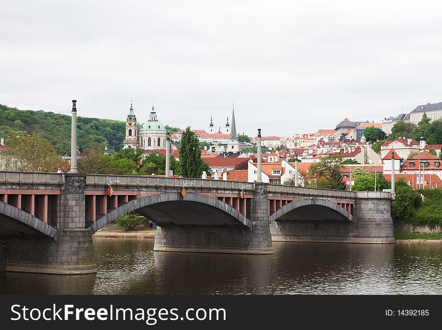 View of buildings and a bridge over Vltava river in Prague, the Czech capital.