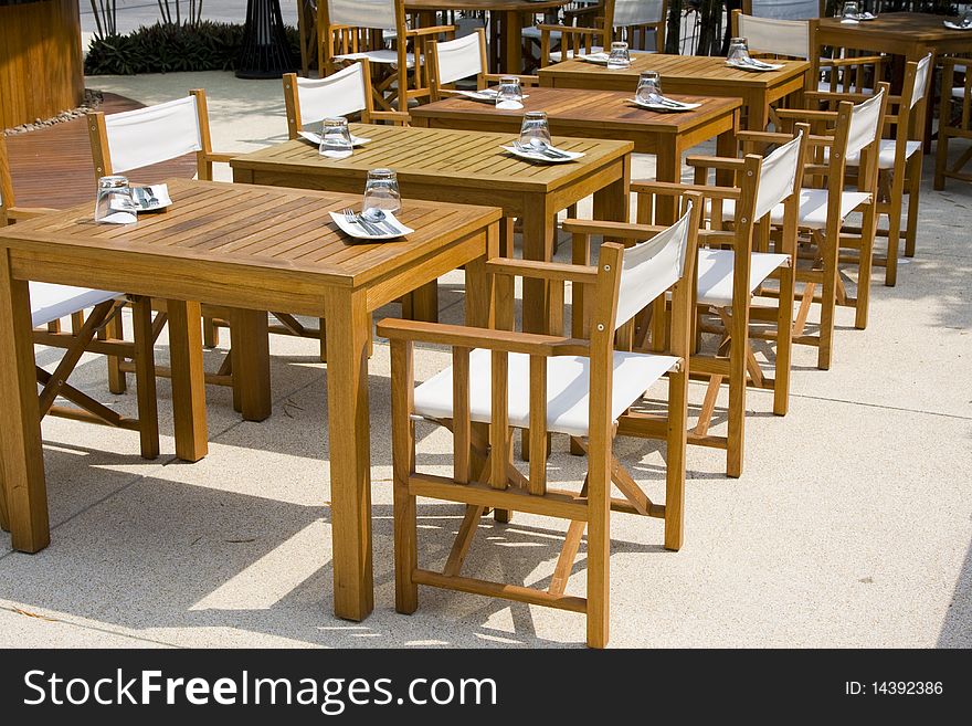 Table and chairs in empty cafe