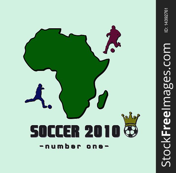 Colorful illustration with the shape of the African continent and a football player kicking football balls.