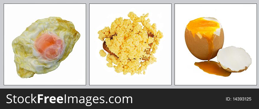 Three images of fried, boiled, and scrambled eggs.