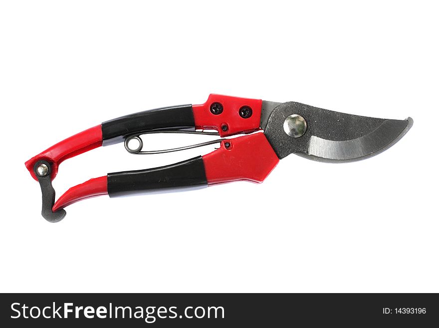 Red pruning shear isolated on white background
