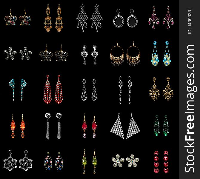 Collection of elegant earrings on black background. Collection of elegant earrings on black background