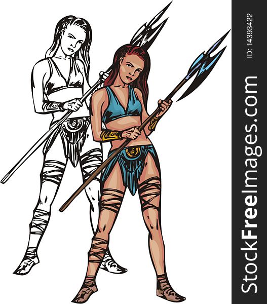 A girl in a tunic, holding a spear in hand. A girl in a tunic, holding a spear in hand.