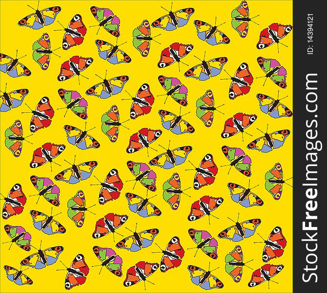 Many beautiful multi-coloured butterflies on a yellow background. Many beautiful multi-coloured butterflies on a yellow background