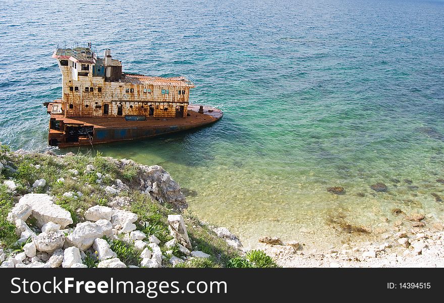 Old rusty wrecked ship in the Black sea