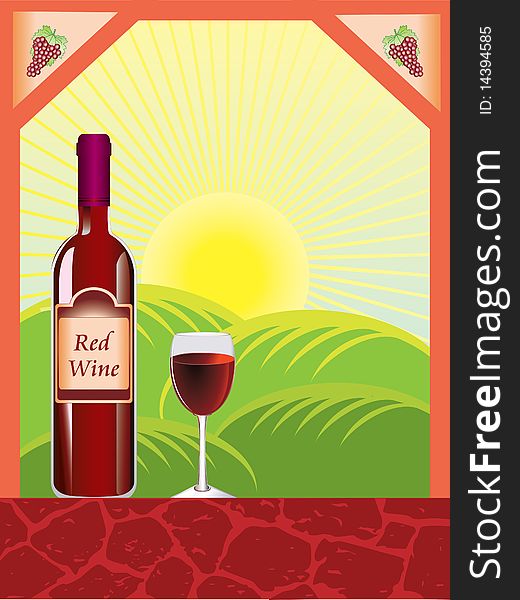 Vector illustration of a red wine bottle, glass and landscape