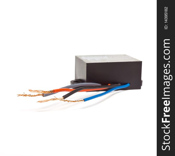 Black Box electronic gizmo with wires isolated against white background.