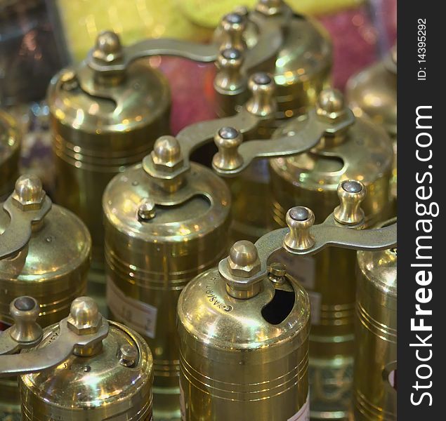 Turkey, Istanbul, Grand Bazaar, turkish brass pepper mills for sale