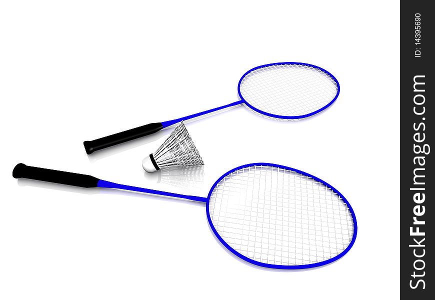 Two blue badminton rackets and a shuttlecock on white background. Two blue badminton rackets and a shuttlecock on white background.