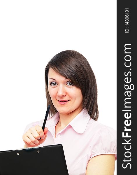 Portrait of a young female pointing at you isolated over white background