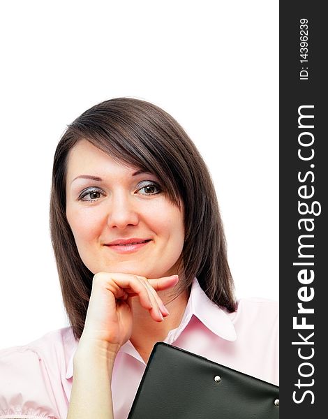 Portrait of a pensive young woman with a notepad white background