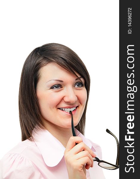 Portrait of a cute young female holding glasses against white background