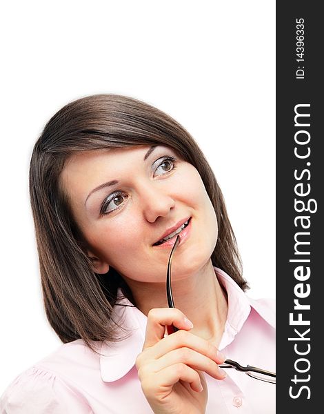 Portrait of a cute young female holding glasses against white background