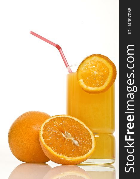 In a vertical shot of orange juice. In a vertical shot of orange juice