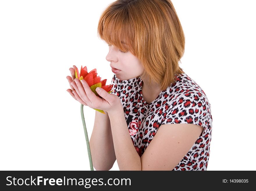 Girl holding a flower studio shot