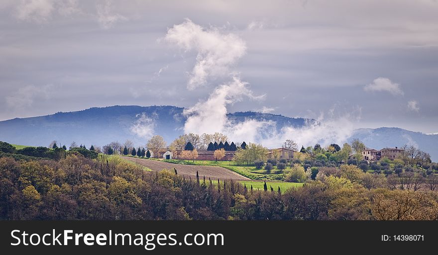 Low morning clouds in Italian hill top landscape. Low morning clouds in Italian hill top landscape
