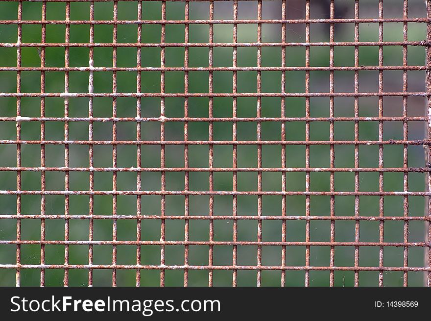 Iron grid by closeup against the green background