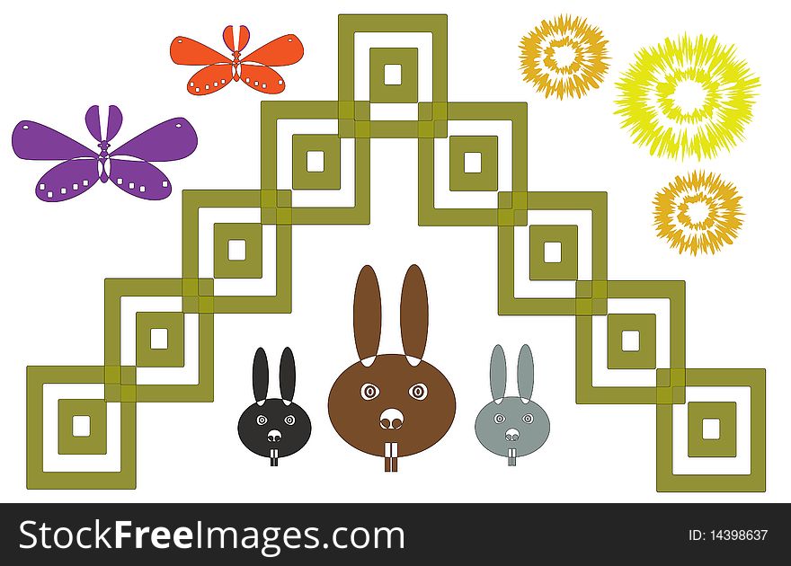 Butterflies, rabbits, linked squares and flower shapes on a white background. Butterflies, rabbits, linked squares and flower shapes on a white background.