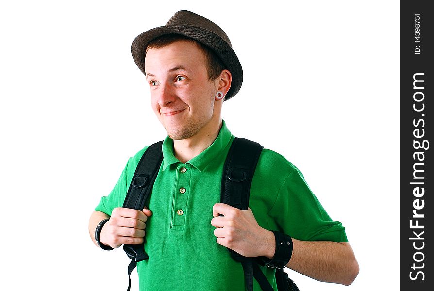 Young tourist on a white background