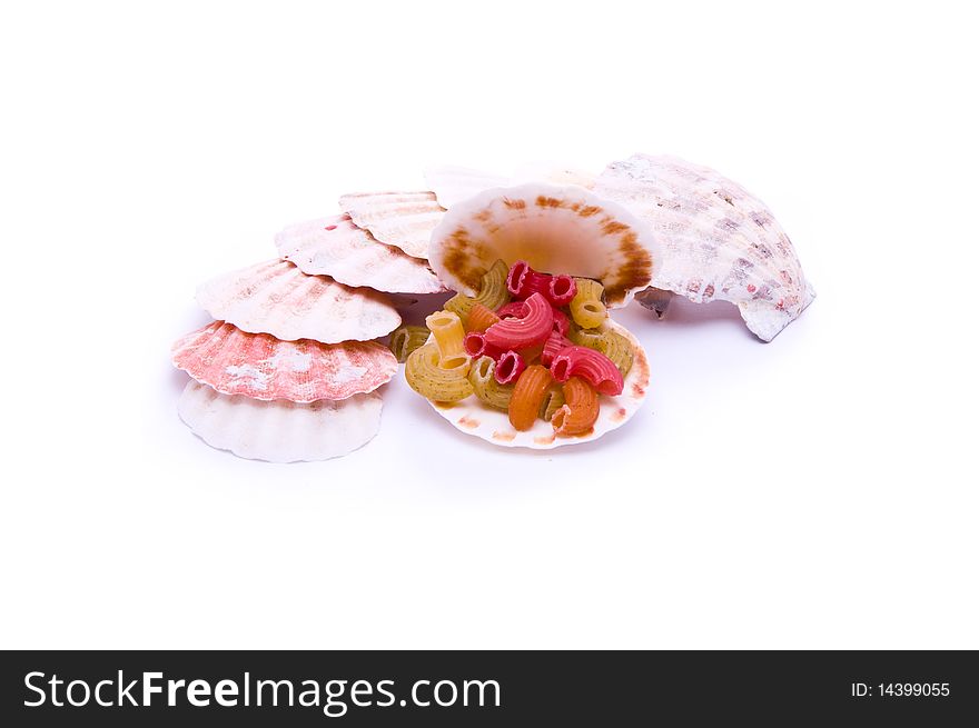 Colored macaroni and seashells isolated on white