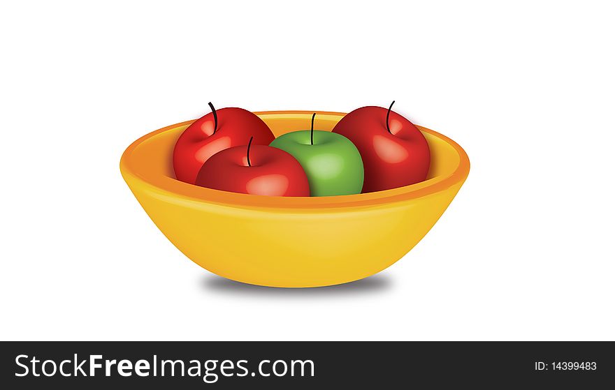 Three red apples and one green apple placed in yellow bowl , vector 3D illustration created in illustrator
