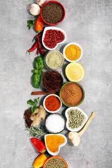 Spices And Herbs On Table. Food And Cuisine Ingredients Stock Photos Spices And Herbs On Table. Food And Cuisine Ingredients Stock Photos