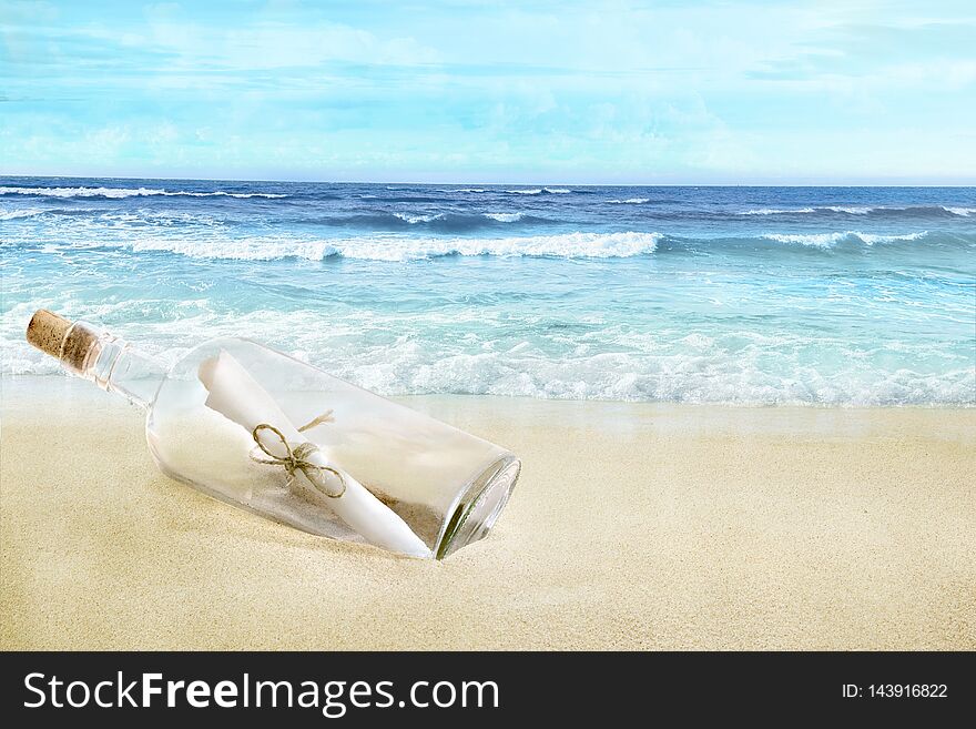 A bottle with a letter inside. Tropical sandy beach. Message from a castaway. A bottle with a letter inside. Tropical sandy beach. Message from a castaway.