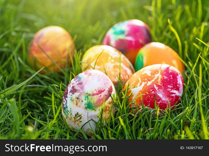 Traditionally Painted Easter Eggs Hidden In Grass