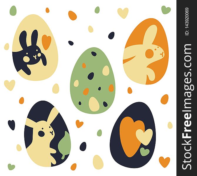 Colorful Easter Eggs Doodle Set Decorations.  Spring Flowers. Bright Colors. Great for postcard, fabric, holiday ideas