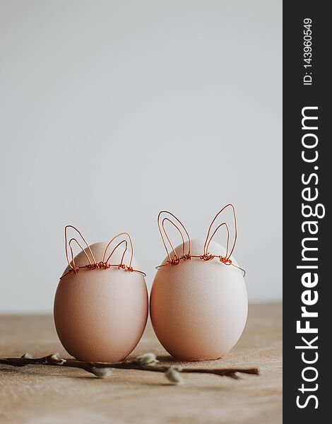 Easter DIY egg, made in bunny style. Minimal Easter concept, idea with rabbit. Craft hipster