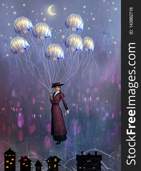 Surreal image of a woman in Victorian dress clutching onto a handful of jelly fish tentacles that are lifting her up above the roof tops and into the night sky. Surreal image of a woman in Victorian dress clutching onto a handful of jelly fish tentacles that are lifting her up above the roof tops and into the night sky.