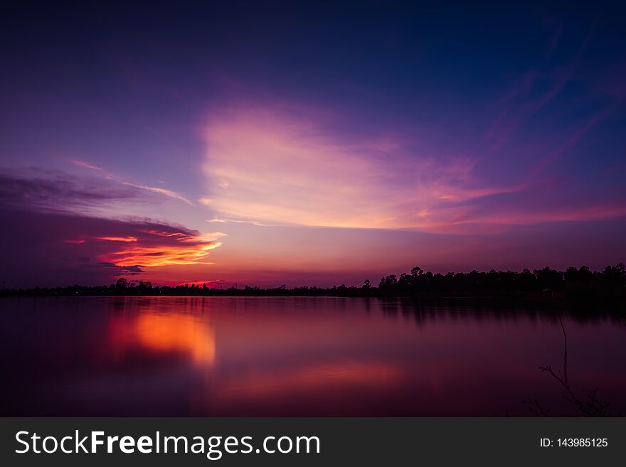 Colorful sky on sunset at the lake in the park landscape. Colorful sky on sunset at the lake in the park landscape