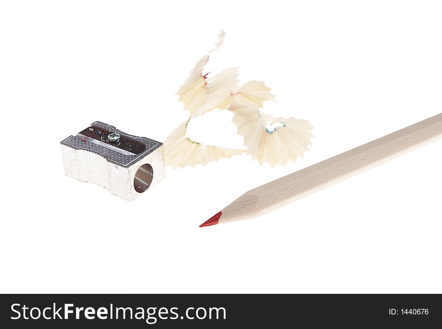 Isolated pencil sharpener with pencil and garbage