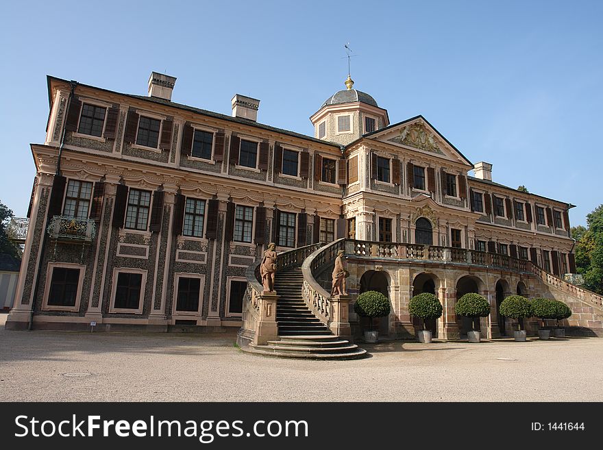 A symmetrical 17th century chateau with a beautiful staircase in the south-west of Germany. A symmetrical 17th century chateau with a beautiful staircase in the south-west of Germany.