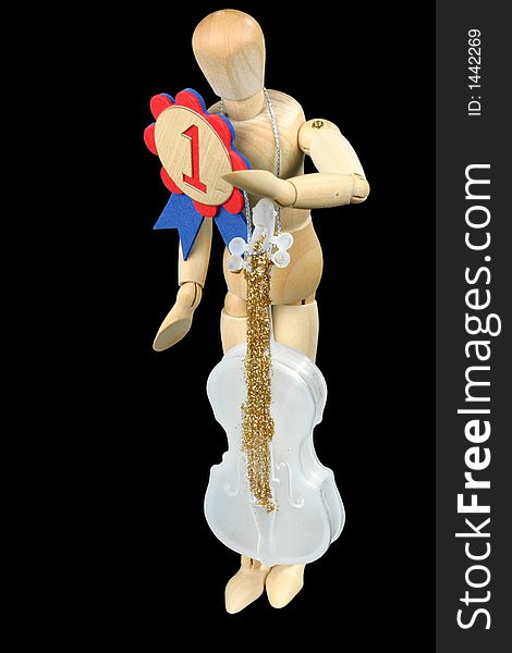 Wooden mannequin holding guitar and wearing winning ribbon. Wooden mannequin holding guitar and wearing winning ribbon