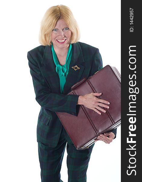 Attractive business woman clutching her briefcase with both hands to protect it. Attractive business woman clutching her briefcase with both hands to protect it.