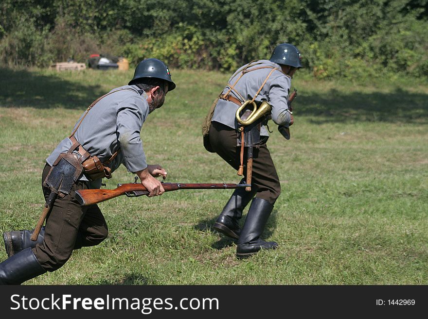 Soldiers in attack position in battle demonstrative show from first world war. Soldiers in attack position in battle demonstrative show from first world war