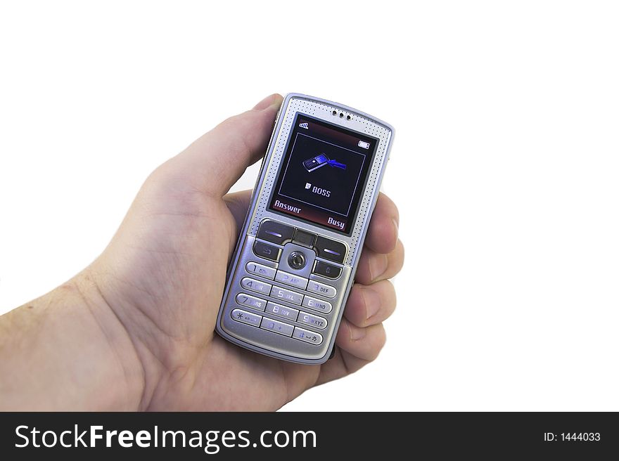 Photo of isolated hand with cell phone while boss is calling