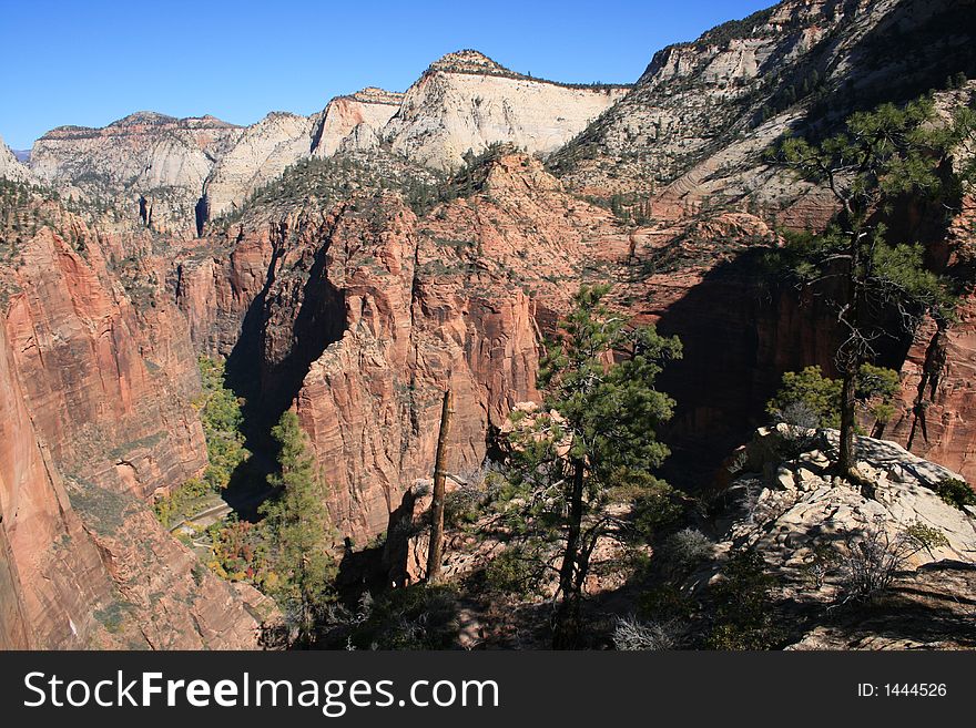 View looking down into zion narrows from on top of angels landing. View looking down into zion narrows from on top of angels landing