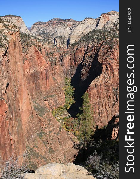 View looking down into zion narrows from on top of angels landing. View looking down into zion narrows from on top of angels landing