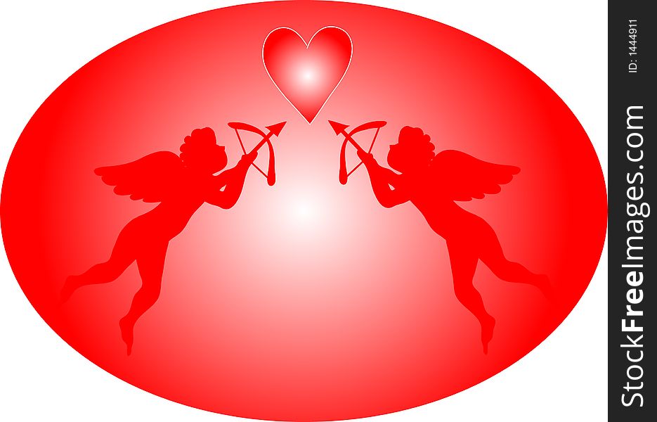 Two cupids taking aim at a red heart. Illustration. Two cupids taking aim at a red heart. Illustration.