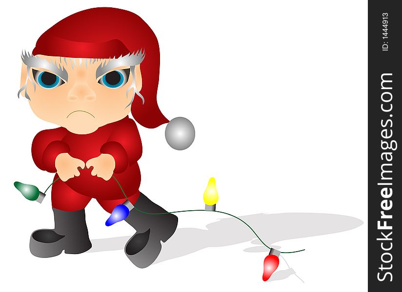 Un-happy Elf with a string of lights isolated over a white background.Illustration