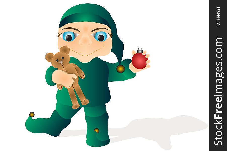 Elf graphic hugging a teddy bear holding out a christmas ornament,isolated over a white background. Elf graphic hugging a teddy bear holding out a christmas ornament,isolated over a white background.