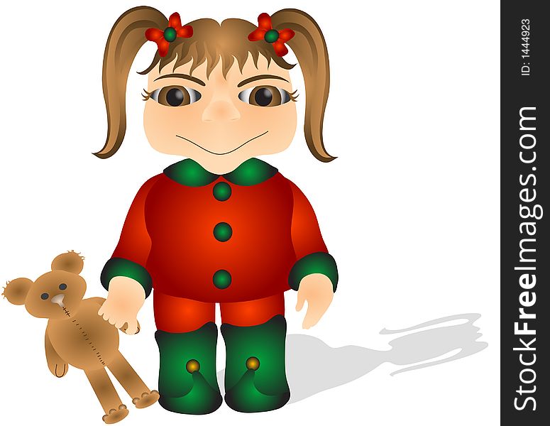 Little girl dressed in christmas outfit holding a teddy bear.Illustration. Little girl dressed in christmas outfit holding a teddy bear.Illustration.