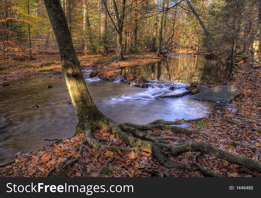 Time exposure of a woodland stream with fall colors. Time exposure of a woodland stream with fall colors