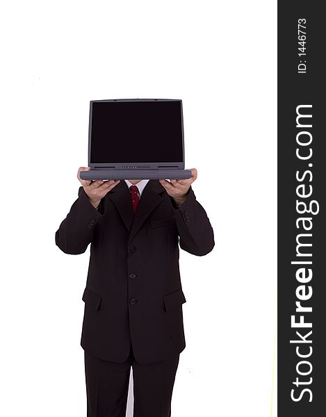 Business man hold a laptop in hands. Business man hold a laptop in hands