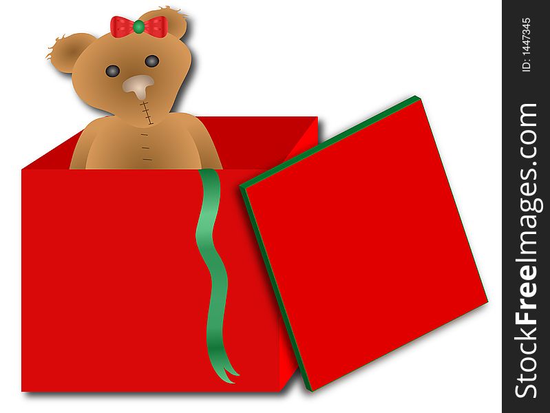 Teddy bear in a big red box with a drop shadow over white. Teddy bear in a big red box with a drop shadow over white.