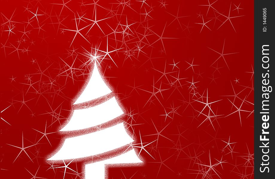 White christmas tree o red background with stars